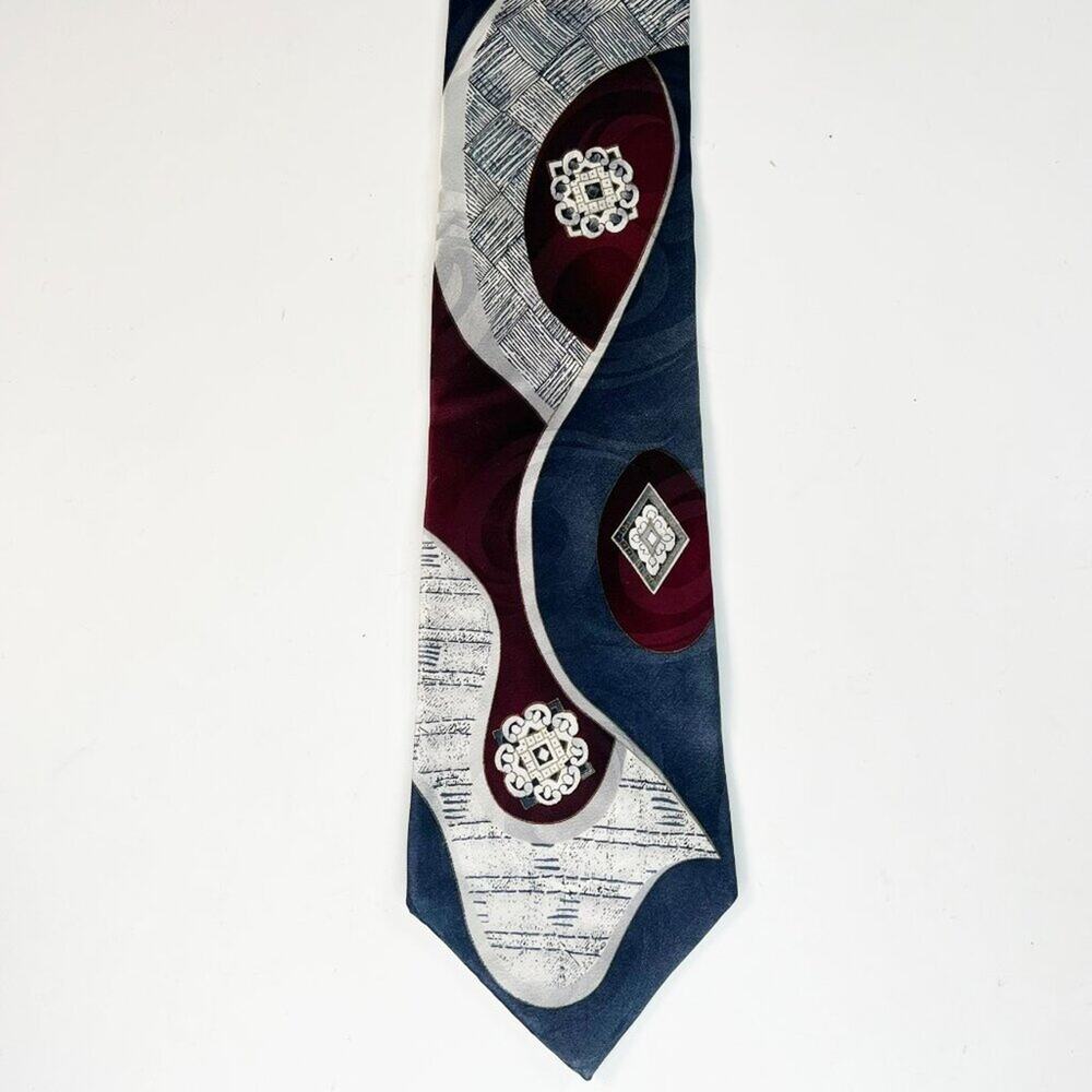 Alexander Lloyd Abstract Print Mens Neck Tie X-Long Blue Grey 100% Silk Mase USA